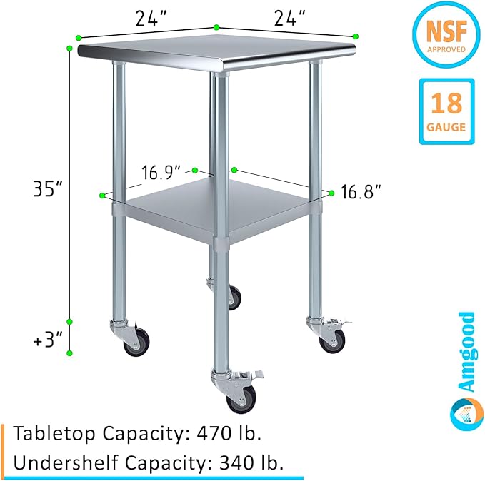 AmGood 24" Long x 24" Deep Stainless Steel Table with Casters