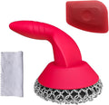 Cast Iron Scrubber with Pan Scraper & Towl, 316 Chainmail Scrubber with Long Handle, Upgraded Chain Mail Scrubber Cleaner for Grill Pan Skillet Wok Carbon Steel Dutch Oven Metal Brush (Red)