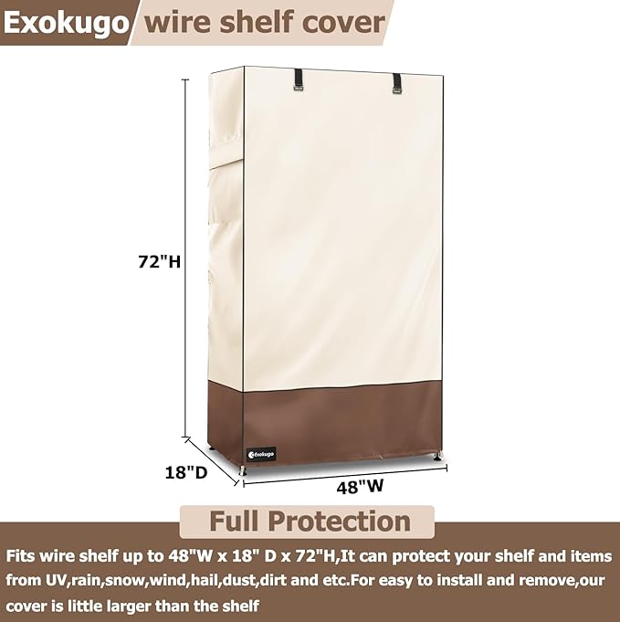 Wire Shelf Cover,600D Heavy Duty 100% Waterproof Shelf Covers for Wire Shelving,Outdoor Storage Shelves Cover for Metal Rack,48" W x 18" D x 72" H,Beige & Brown