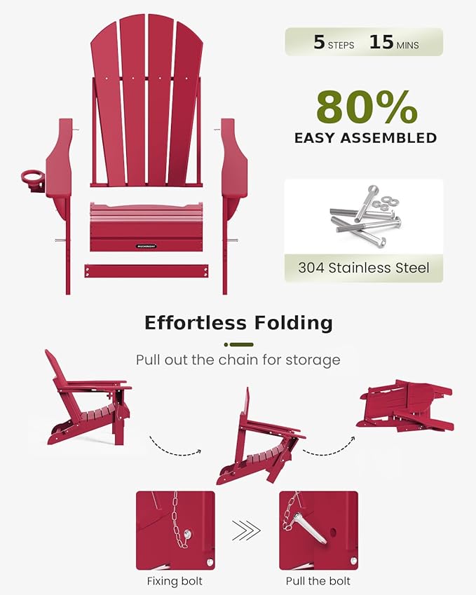 MUCHENGHY Folding Adirondack Chairs Set of 4, Patio Chairs, Lawn Chairs, Outdoor Chairs, Adirondack Chair Plastic, Fire Pit Chairs, Weather Resistant with Cup Holder for Deck, Backyard, Garden(Red)