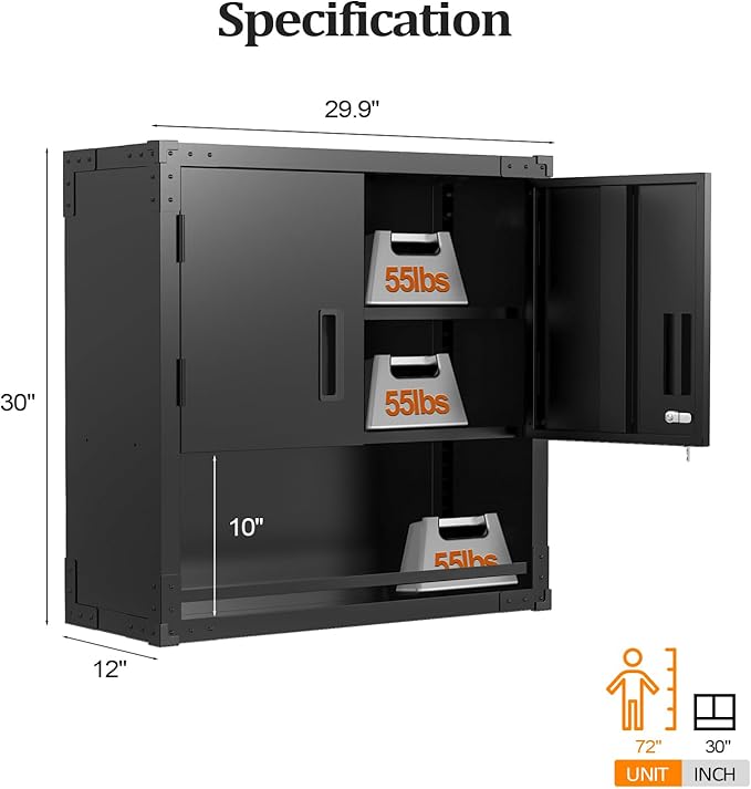 VINGLI Garage Wall Cabinet with Locking Doors and Adjustable Shelf, Metal Wall Cabinet, Floating Upper Storage Cabinet (Black, 30''W x 12''D x 30''H)