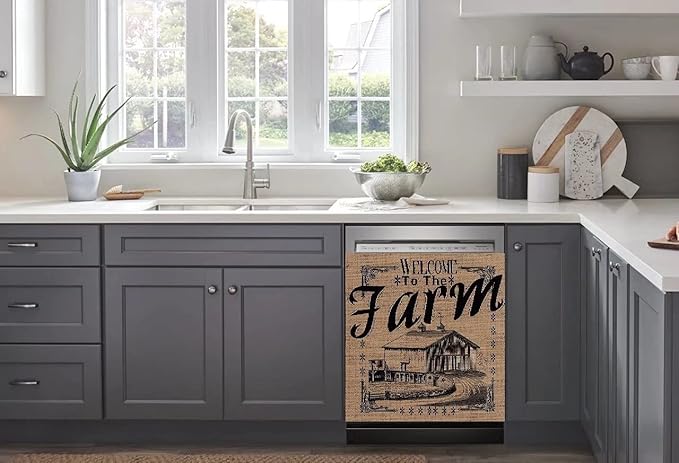 Vintage Farmhouse Burlap Pattern Dishwasher Cover - Decorative Magnet for Dishwasher Door - Kitchen