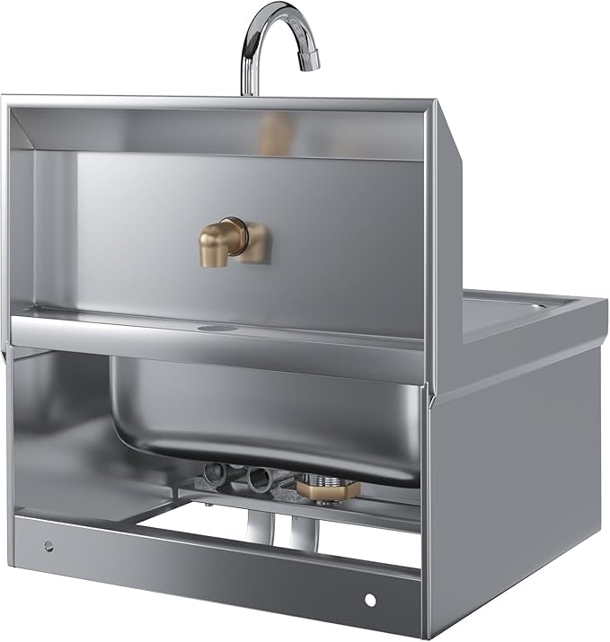 Stainless Steel Wall Mount Hand Sink with Gooseneck Faucet, Knee Pedals & Side Splash | 17" x 15" Commercial Basin for Kitchen or Janitorial Use, NSF (17" x 15" with Knee Pedals)