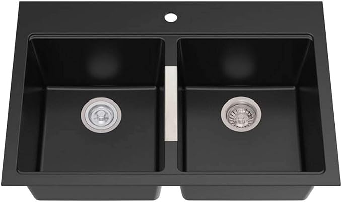 KRAUS Quarza 33-inch Drop-In/Undermount 50/50 Double Bowl Granite Kitchen Sink in Black Onyx, KGD-433B