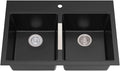 KRAUS Quarza 33-inch Drop-In/Undermount 50/50 Double Bowl Granite Kitchen Sink in Black Onyx, KGD-433B