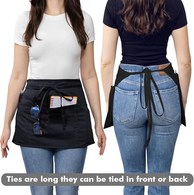 Dreamology Server Apron,Waist Apron with Pockets,Waitress Apron,Server Aprons with 3 Pockets,Waterdrop Resistant Aprons, Short, Half & Waist Apron, Aprons, Black waitress apron - Black (3 Pack)