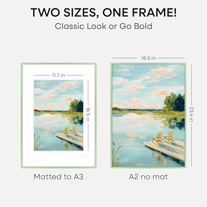 Homeforia A2 Poster Frame Sage Green, High End Metal A2 Picture Frame Sage Green with Mat A3 for Print, 16.5x23.4 Frame Matted to 11.7x16.5 Photo, 16.5 x 23.5 Frame, Tempered Glass, Wall Kit, Set of 2