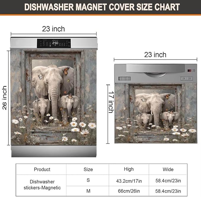 Elephant Dishwasher Magnet Cover - Kithcen Decorative Dishwasher Cover Front Door Panel Decal, Farm Wood Flower Refrigerator Magnet Fridge Sticker, Elephant Gifts for Women, 23x17 Inch