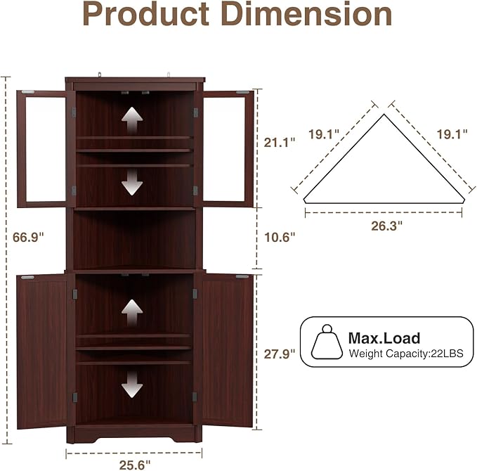 67''H Dark Brown Tall Corner Storage Cabinet with 4 Tempered Glass Doors and Barn Doors, Home Space Saver Decoration Farmhouse Cabinet with 5 Adjustable Shelves for Kitchen, Living Room