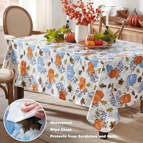 Newbridge Thanksgiving Blue Pumpkin 52 x 52 Inch Square Vinyl Tablecloth