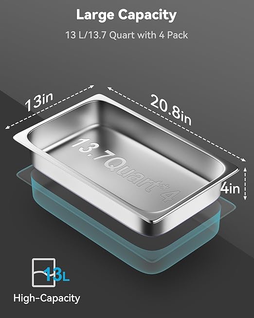 4 Pack Hotel Pans with Lids, 1/1 Size 4" Deep Steam Table Pans, Full Size Stainless Steel Food Pan 22 Gauge Anti Jam 20.8" L x 12.8" W Commercial Food Storage Containers