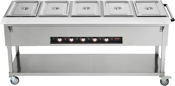 VEVOR 5-Pan Commercial Food Warmer, 5 x 20.6QT Electric Steam Table, 3750W Professional Buffet Catering Food Warmer with 4 Wheels (2 Lockable), Food Grade Stainless Steel Server for Party Restaurant