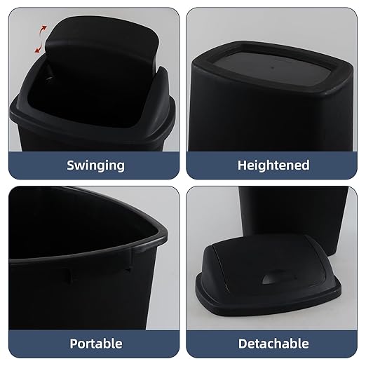 18 Gallon Large Swing-Top Garbage Can, 4-Pack Plastic Tall Swing Top Garbage Can, Black, 19.88" x 14.96" x 26.77"