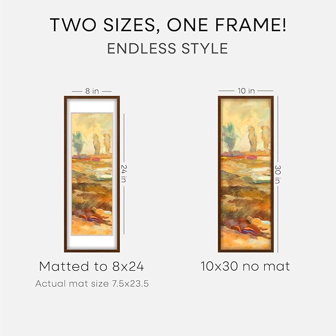 Homeforia 10x30 Picture Frame Brown, High End Dark Oak 10x30 Walnut Wood Poster Frame with Mat 8x24 Print, 10 x 30 Wooden Frame Matted to 8 x 24 Photo, 30x10 Frames, Tempered Glass, Wall Kit, Set of 3