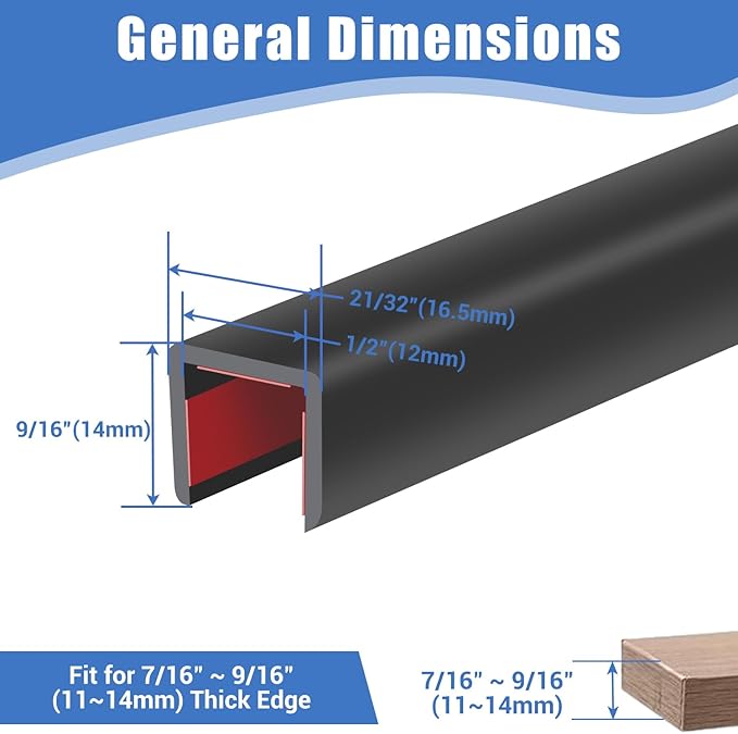 Rubber Edge Trim, Self-Adhesive U Channel Edge Protector for Plywood, Cabinet, 1/2" Wood Edge Banding, Flexible Furniture Repair, EPDM Material, Fit 1/2"(12mm), Length 10Ft, Black