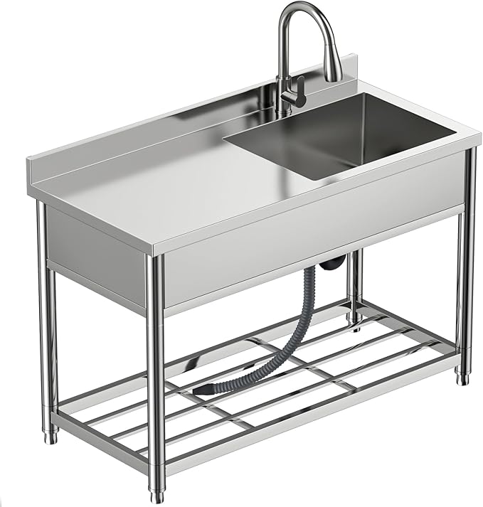 Commercial Sink with Drainboard Stainless Steel Utility Sink with Pull-out Faucet Free Standing Single Bowl Kitchen Sink with Workbench for Restaurant Garage Outoor, 21.7"D x 47.2"W x 37"H, Right Bowl