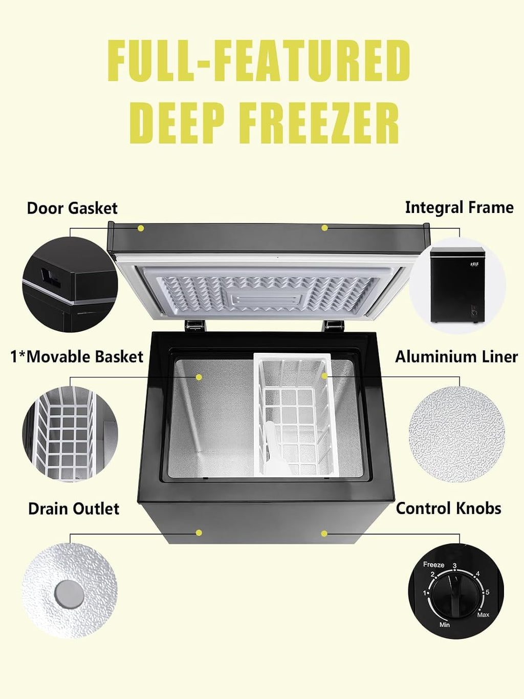 3.5 Cu.Ft Freestanding Chest Freezer with a Removable Basket, 7 Gears Temperature Control (-18F to -46F), Deep Freezer for House, Garage, Kitchen, Basement, Shop, Black