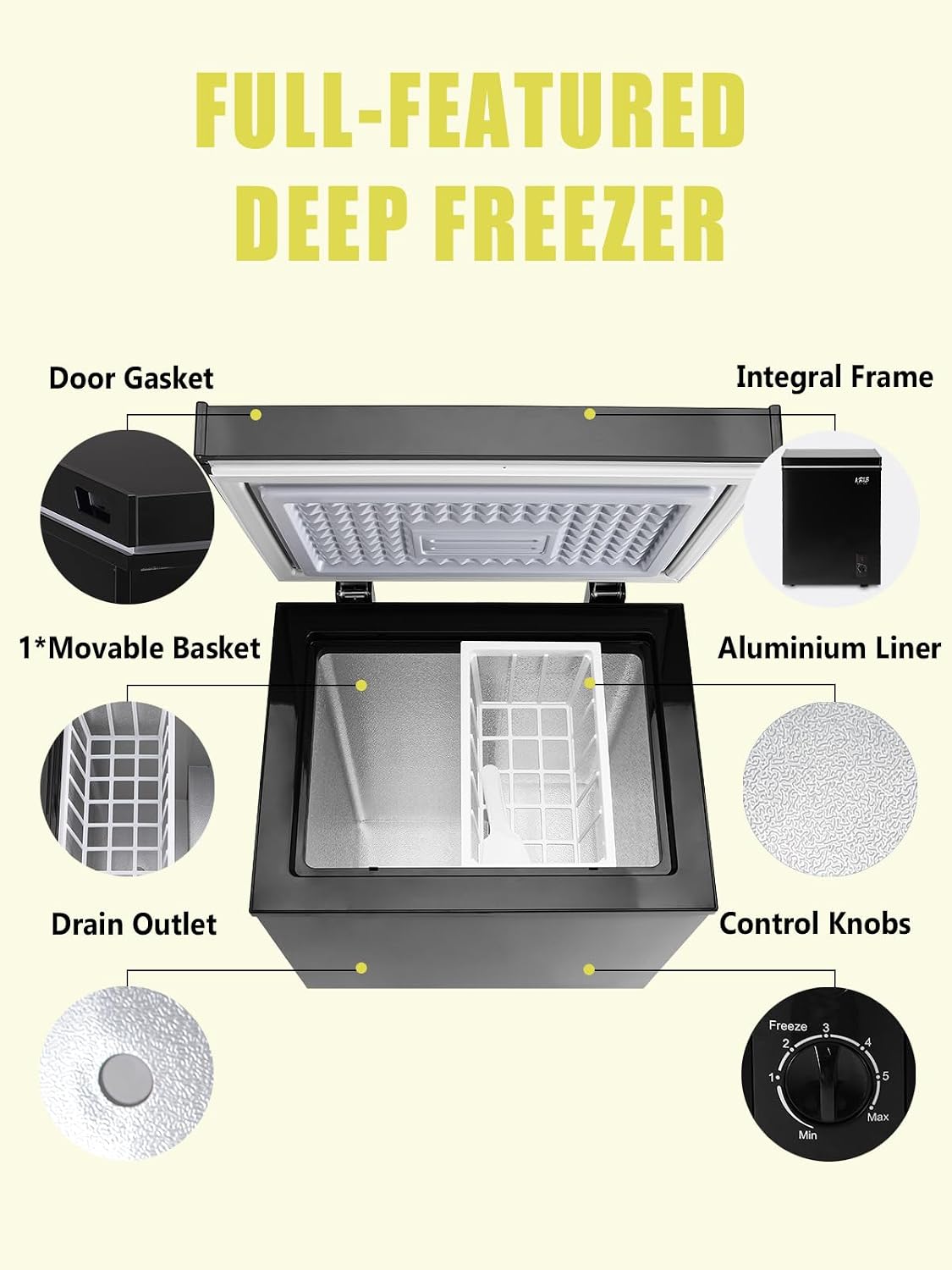 3.5 Cu.Ft Freestanding Chest Freezer with a Removable Basket, 7 Gears Temperature Control (-18F to -46F), Deep Freezer for House, Garage, Kitchen, Basement, Shop, Black