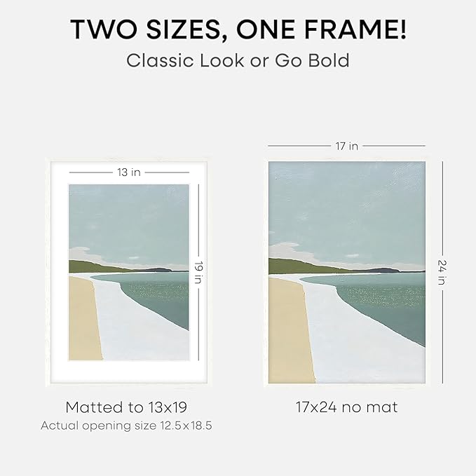 Homeforia 17x24 White Picture Frame, High End Oak 17x24 White Wooden Poster Frames with Mat 13x19 for Print, 17 x 24 Wood Frame Matted to 13 x 19 Photo, 24x17 Frame, Tempered Glass, Wall Kit, Set of 1