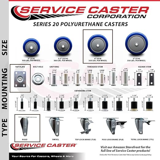Service Caster Brand Replacement Caster for Uline Caster H-5539R-Rigid Top Plate Caster with 4 Inch Blue Polyurethane Wheel-Light Duty Replacement Caster-Fits Carts, Dollies and Poly Box Trucks H-1956