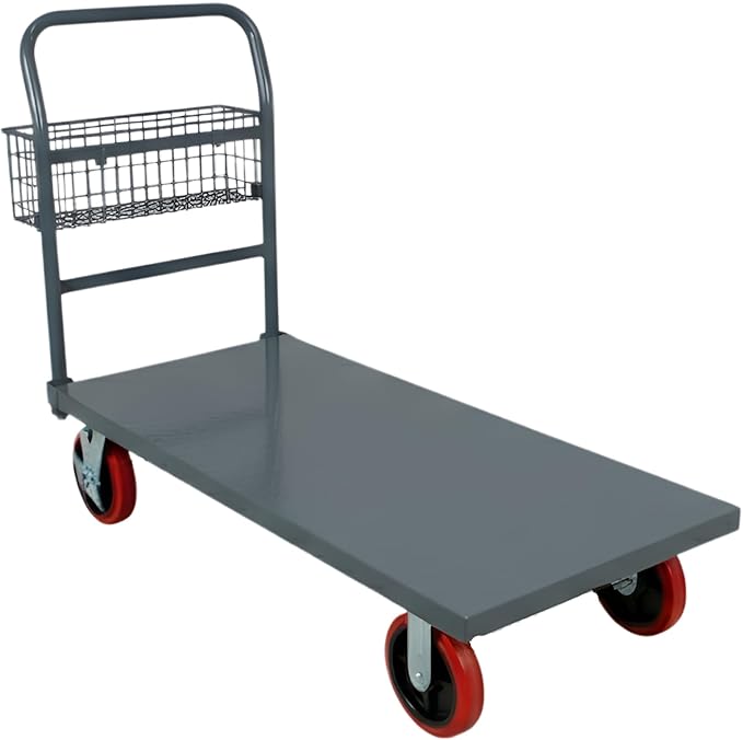 Flatbed Platform Cart 3300LB Industrial Dolly Cart Heavy Duty 48” x 24” Platform Hand Truck Push Cart Super Heavy Duty Diamond Plate Flatbed Cart 8'' Swivel Wheels Moving Cart w/Basket