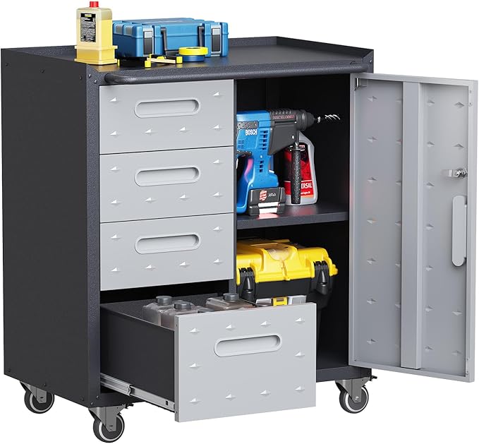 Metal Storage Cabinet with Drawers Heavy Duty Steel Rolling Tool Cabinets on Wheels Garage Storage Cabinet Mobile Locking Tool Carts for Kitchen Basement Garage Warehouse, Assembly Required
