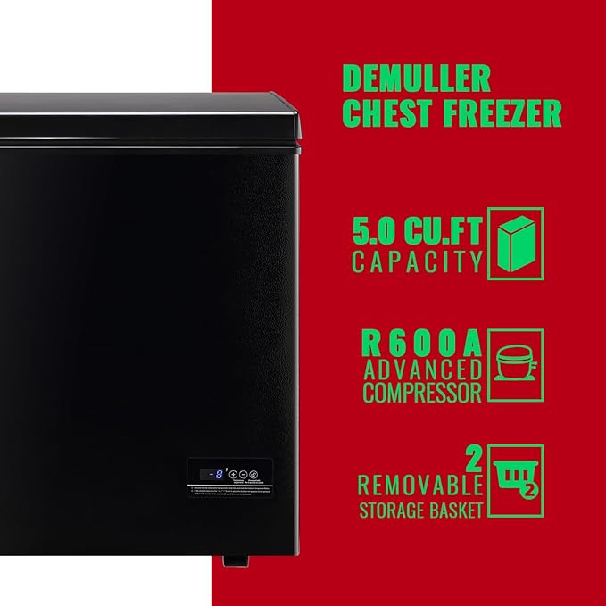 Chest Freezer 5.0Cubic Feet Deep Freezer Freestanding Freezers with 2 Removable Stainless Steel Basket, Mini Freezer Top Open Door Compact Freezer with Electronic Control 41℉ to -15℉BLACK
