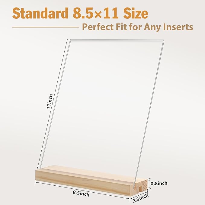 2pack 8.5x11 Acrylic Sign Holder with Wood Base for Picture Frames,L/T Shape Double Slot Design for Vertical or Slant Back Display, for Restaurant, Office, School, Store and Home Use