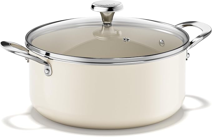 Redchef Ceramic Stock Pot with Lid, Soup Pot for All Stoves, 5 Qt Induction Cooking Pot for Soup Nonstick, Even Heating, Stay-Cool Handles, Oven/Dishwasher Safe, PTFE PFAS Free (Beige)