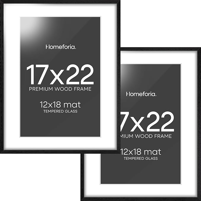 Homeforia 17x22 Picture Frame Black Wood, High End Oak 17x22 Poster Frames with Mat 12x18 Photo, 17 x 22 Wooden Frame Matted to 12 by 18 Print, 22x17 Hanging Frames, Tempered Glass, Wall Kit, Set of 2
