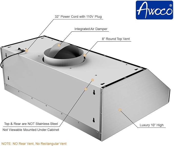 Awoco 30” Supreme 10” High Stainless Steel Under Cabinet Range Hood 4 Speeds, 8” Round Top Vent, 1000CFM 2 LED Lights, Remote Control (RH-S10-30)