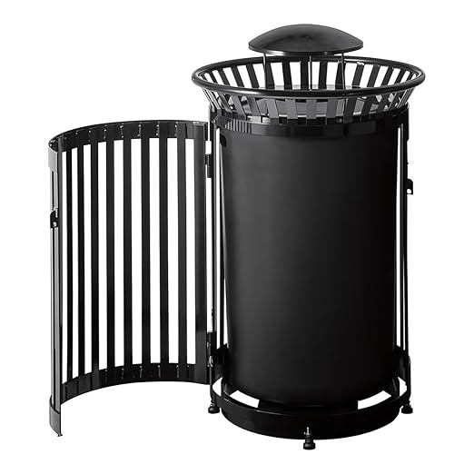 45 Gallon Black Trash Can with Lid and Door, Outdoor Heavy-Duty Commercial Waste Bin Steel Slatted, Round Recycle Container, Durable Garbage Can for Parks, Municipalities, Schools, Parking