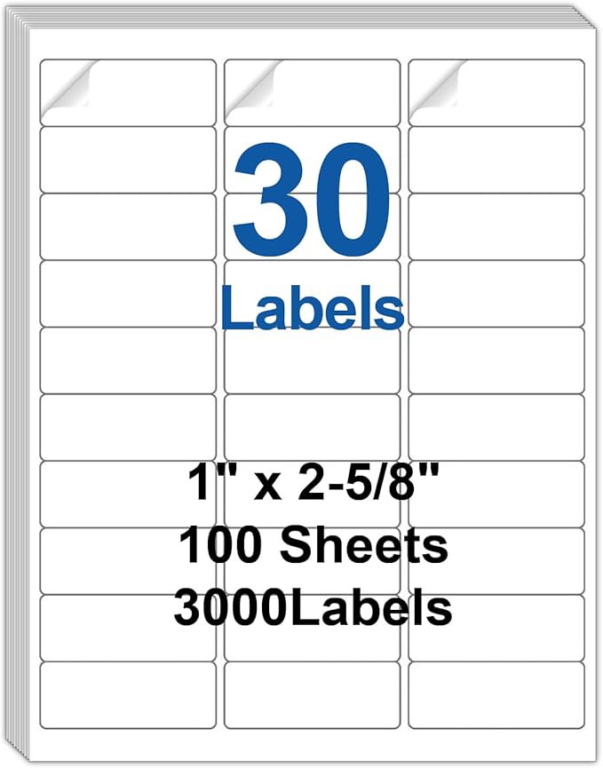 30 Up Labels 1" x 2-5/8" Shipping Address Labels for Laser/Inkjet Printers, 100 Sheets 3000 Pcs Self Adhesive 30 pet Sheet Return Address Mailing Label Stickers