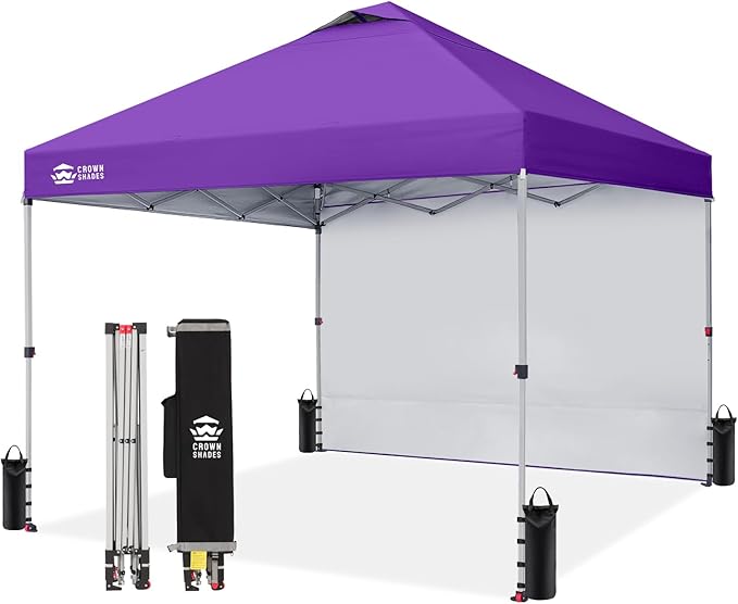 CROWN SHADES 10x10 Pop Up Canopy with 1 Side Wall - Beach Tent with One Push Setup - Outdoor Sun Shade for Events, Parties, Camping - Gazebo with STO-N-Go Cover Bag (Purple)
