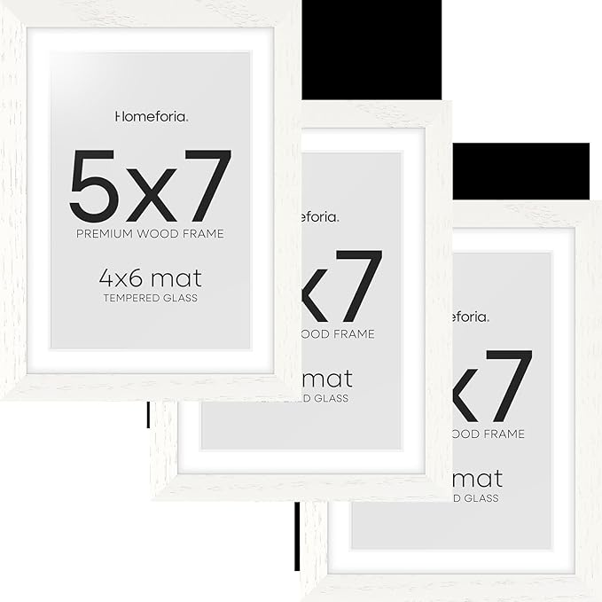 Homeforia White Picture Frames 5x7, High End Oak 5x7 Wooden Frame with Mat 4x6 Art, 5 x 7 White Wood Frames Matted to 4 x 6 inch Photo, 7by5 Wall or Tabletop Frame, Tempered Glass, Wall Kit, Set of 3
