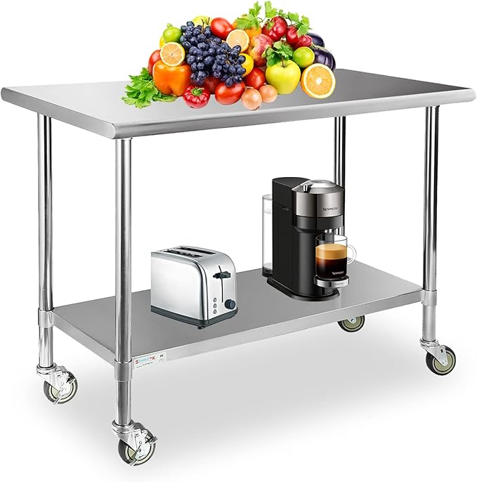 STABLEINK Stainless Steel Table with Wheels 24 x 60 Inches 5ft, NSF Commercial Prep & Workbench with Adjustable Undershelf and Casters, for Commercial Kitchen, Restaurant, Hotel,Laundry and Garage