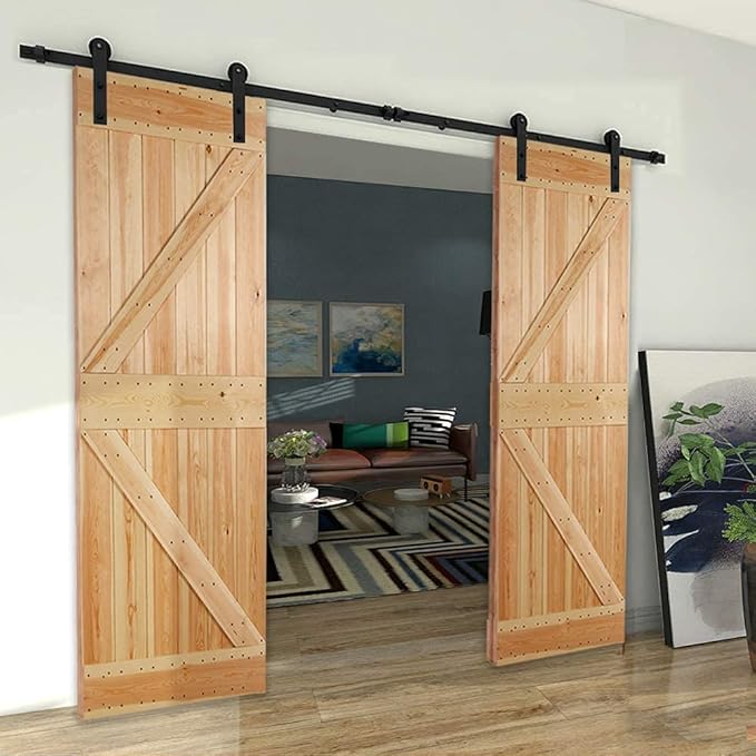 CCJH 6FT Sliding Barn Door Hardware Kit, Heavy Duty, Smoothly and Silently, Easy to Install, Fit 18" Width Double Door Panel, I Shaped Hangers Black
