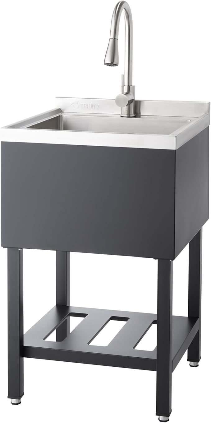 TRINITY Stainless Steel Freestanding Single Bowl Utility Sink for Garage, Laundry Room, and Commercial Use, Includes Pull-Out Faucet, NSF, UPC and cUPC Certified, 21.5" x 22" x 49.2", Black