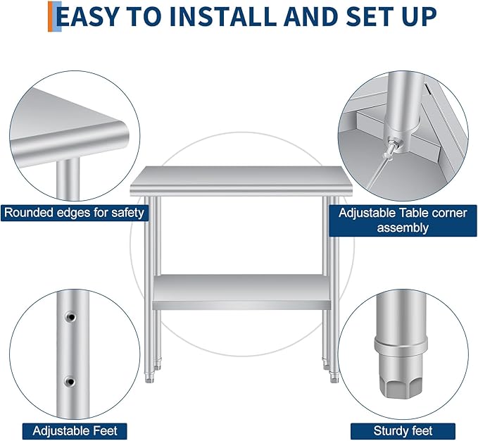  Stainless Steel Prep Table, 24 x 36 Inches Heavy Duty Commercial , with Rounded-Corner, Adjustable Undershelf and 4 Caster Wheels, Heavy Duty Work Table with Adjustable Under Shelf for Outdoor, Res