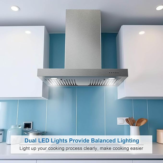 Wall Mount Range Hood 30 Inch T Shape 900CFM Stainless Steel Vent Hood with Split Type Permanent Grease Baffle Filter, Stove Hood Chimney Style Kitchen Exhaust Fan, Ductless Convertible