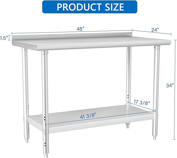 HARDURA All Stainless Steel Table 24X48 Inches Metal Commercial Kitchen Prep Table with Adjustable Undershelf and Backsplash NSF for Prep