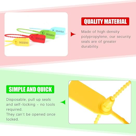 180 Pcs Pull-Tite Security Seal Numbered, Eau 4 Color Disposable Plastic Tamper-Proof Seals, Self-Locking Security Tags for Extinguisher,Logistics, Lagguage,Transport.