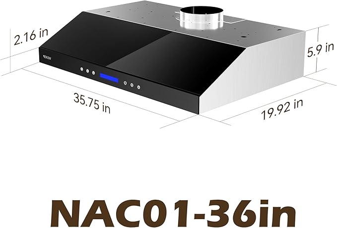 EKON 36 BLack New inches Under Cabinet Range Hood, 900 CFM Stainless Steel Kitchen Chimney Vent, 4 Speed Touch Screen Control With Remote 2Pcs 3W LED lights Dishwasher-safe Filters Fan Timer