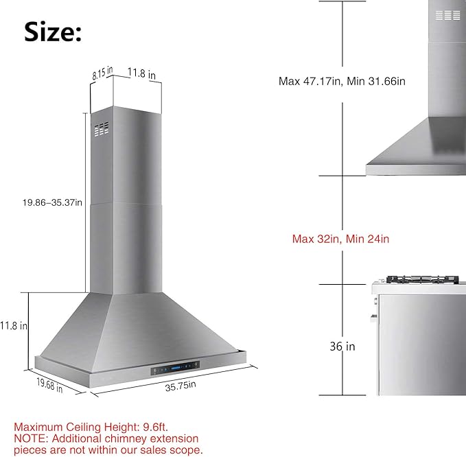 IKTCH 36 inch Black Wall Mount Range Hood, 900 CFM Ducted/Ductless Stainless Steel Vent Hood with Gesture Sensing & Touch Control Switch Panel, 2 Pcs Adjustable Lights