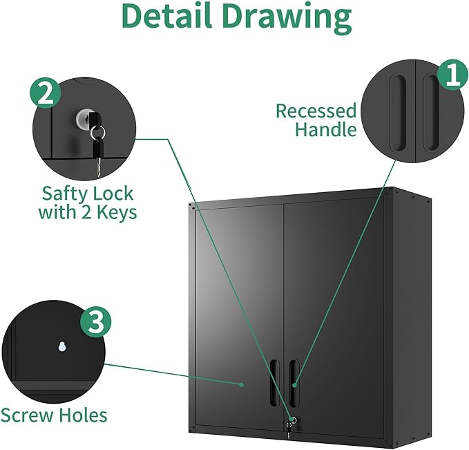 Metal Tool Cabinet,Garage Storage Cabinet System,Wall Cabinet & Locking Rolling Tool Cabinet with Doors and Adjustable Shelves,Steel Tool Cabinets for Home (3 Pcs-StyleA, Black)
