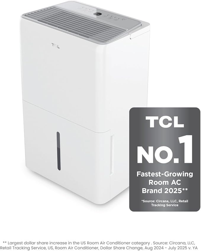TCL 2000 Sq. Ft. Smart Dehumidifier, Energy Star Most Efficient 2024, Ultra-compact, 25 Pints Per Day, Ideal for Basements, Rooms, and Other Living Spaces, Works with Alexa/Google Assistant – H25D44W