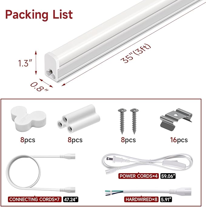 8 Pack T5 LED Shop Light, 3FT, 15W, 5000K 1800LM, Linkable Utility Fixture for Under Cabinet, Kitchen, Garage, Basement, Workshop Lighting, Easy Installation, Plug & Play