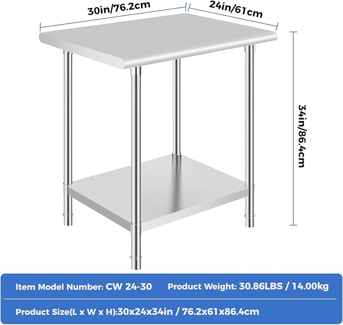 OSTBA Stainless Steel Table for Prep & Work 24x30 Inches, NSF Metal Commercial Heavy Duty Table with Adjustable Undershelf and Adjustable Foot for Restaurant Kitchen Home and Hotel