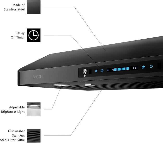 IKTCH 30 inch Range Hood 900 CFM, Black Under Cabinet Kitchen Vent Hood with 4 Speed Gesture Sensing&Touch Control Panel