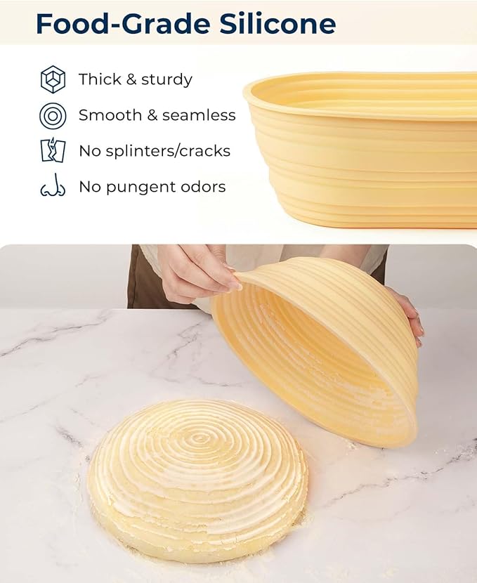 Silicone Banneton Bread Proofing Baskets Set of 2, 9" Round & 10" Oval Foldable Sourdough Proofing Baskets, Silicone Proofing Bowls for Sourdough Bread, Easy to Clean and Store